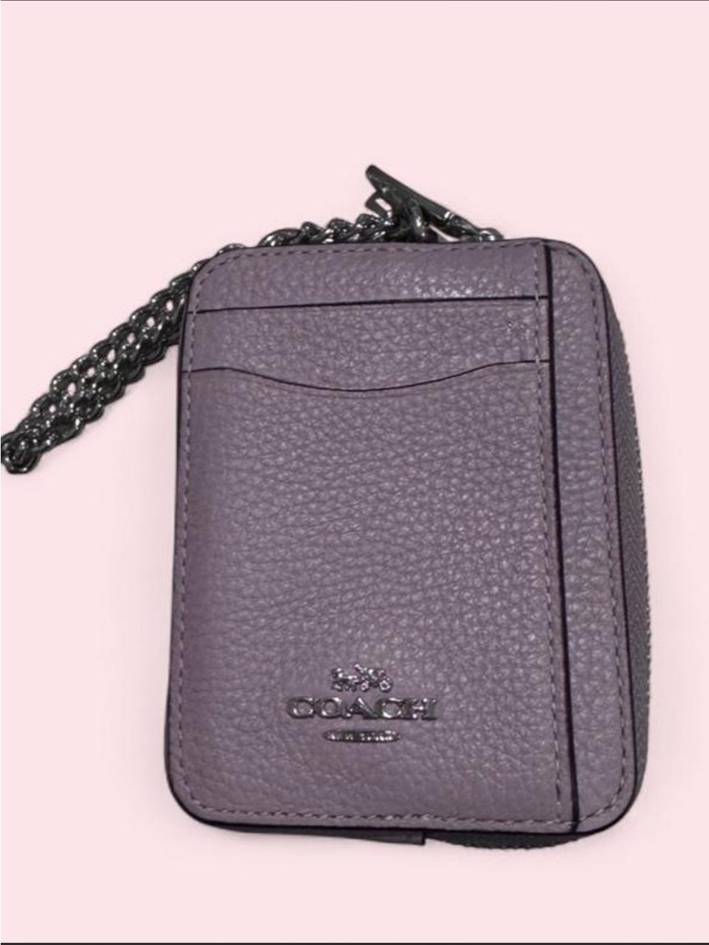 Coach Pebbled Leather Card Case Wallet in Lavender with Gunmetal Chain